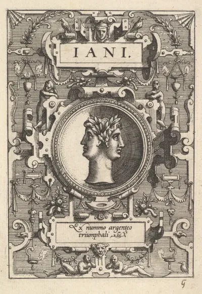 Bust of Janus surrounded by strapwork, from "Deorum dearumque"