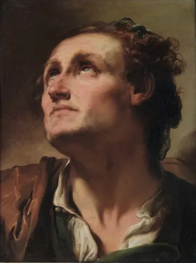 Bust of man with head turned upward