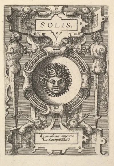 Bust of Sol surrounded by strapwork, from "Deorum dearumque"