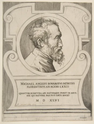 Bust portrait of Michelangelo facing right, set within a cartouche