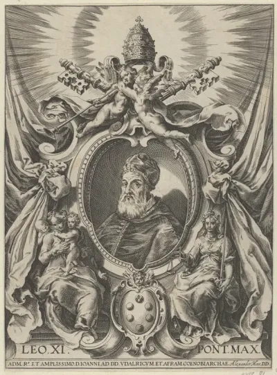 Bust portrait of Pope Leo XI set within a cartouche decorated with allegorical figures and objects pertaining to his office