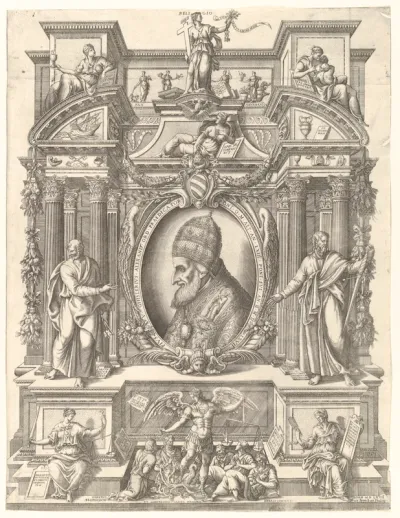 Bust portrait of Pope Pius V in profile facing left set within an elaborate architectural structure upon which sit allegorical figures including Faith, Charity and Religion above and Justice and Prudence below who flank St Michael