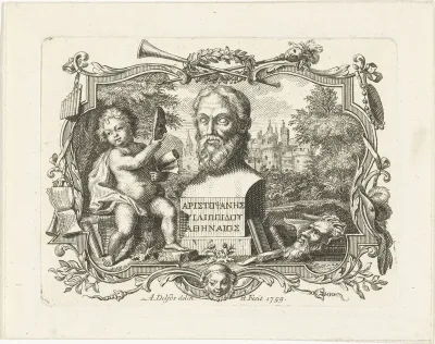 Buste van Aristophanes en putto met masker, in cartouche