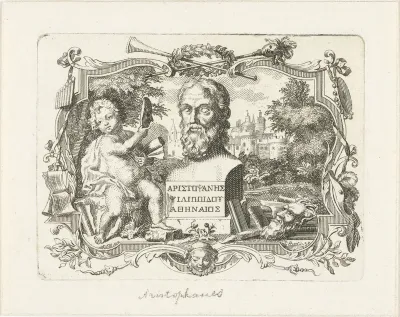 Buste van Aristophanes en putto met masker, in cartouche