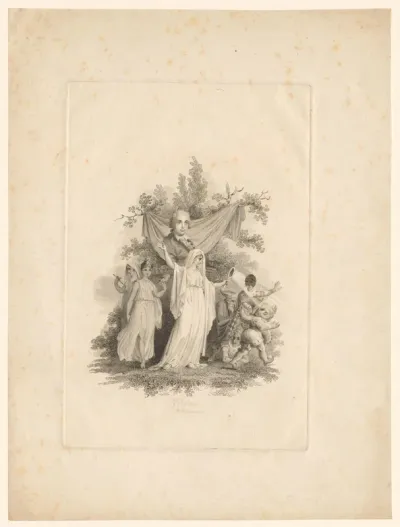 Buste van Carlo Goldoni met dansende figuren
