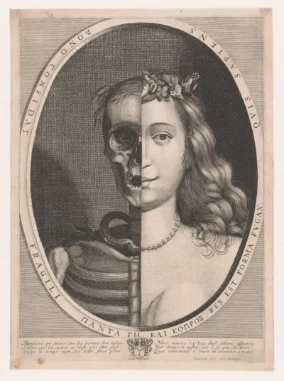 Buste van een half skelet en een half jonge vrouw