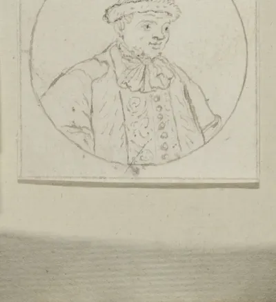 Buste van een man met muts in een cirkel