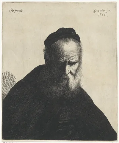 Buste van een oude man met baard en muts