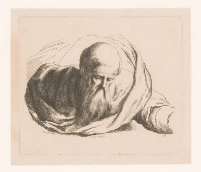 Buste van een oude man met baard en omgeslagen mantel