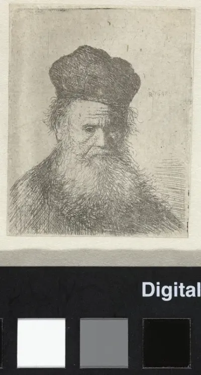 Buste van een oude man met bontmuts en lange baard, de blik omlaag