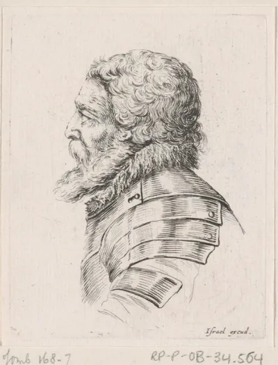 Buste van een oude soldaat met baard, in profiel naar links