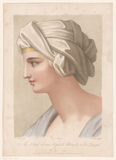 Buste van een vrouw met doek om haar hoofd gewikkeld