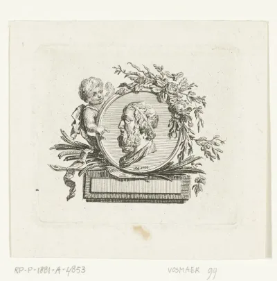 Buste van Homerus op medaillon door engeltje vastgehouden en met bloemen en palmtakken versierd