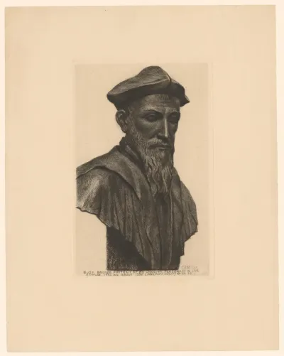 Buste van man met baard en pet
