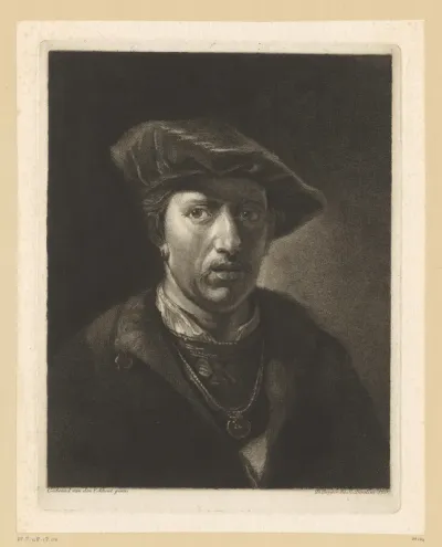 Buste van man met een baret, een medaille aan een ketting om zijn hals