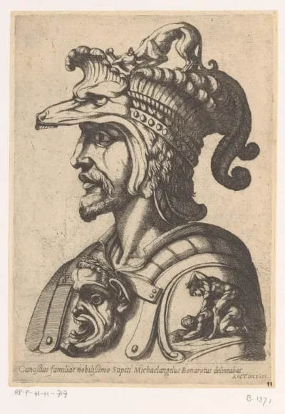 Buste van man met helm, naar links gewend