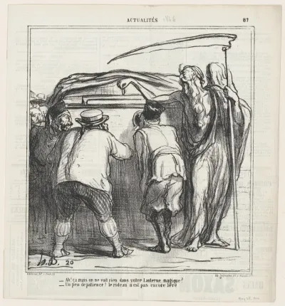 –But look, I don't see a thing in your magic lantern! –Just be a bit more patient... the curtain isn't up yet., from 'News of the day,' published in Le Charivari, May 25, 1866
