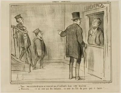 “- But you told me that children are not allowed in this house... - Sir, these are not children... they are the sons of the owner!...,” plate 23 from Croquis Parisiens, - par Daumier