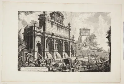 Bygningen over fontænen Acqua Paola på Monte Aureo, Rom, med Casino Farnese og Peterskirkens kuppel i det fjerne