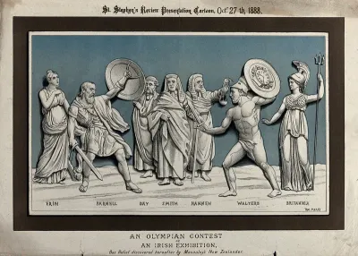 C.S. Parnell and John Walter, dressed as ancient Greek warriors, are engaged in single combat under the eyes of two judges and a barrister. Colour lithograph by Tom Merry, 27 October 1888