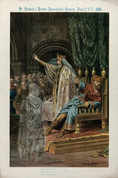C.S. Parnell as Macbeth and Dr. Cronin as Banquo's ghost. Colour lithograph by Tom Merry, 1889
