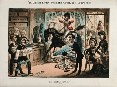 C.S. Parnell riding a horse called "Home Rule" crashes into the window of a drapery shop in which Queen Victoria is buying textiles. Colour lithograph by Tom Merry, 2 February 1884