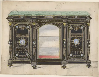 Cabinet Design with Glass Front, its Doors Adorned with Porcelain Plaques, with a Green Top