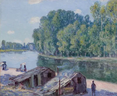 Cabins at the edge of the Loing Canal, effect of the sun