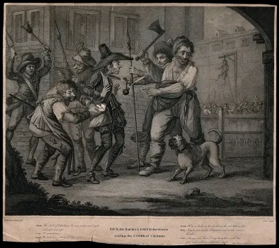Cade's rebellion, 1450: Dick the butcher and Smith the weaver seize Emmanuel ("the clerk of Chatham") and threaten to hang him with his pen and inkhorn