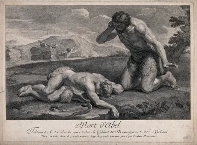Cain bends over the dead Abel; Cain flees in the background