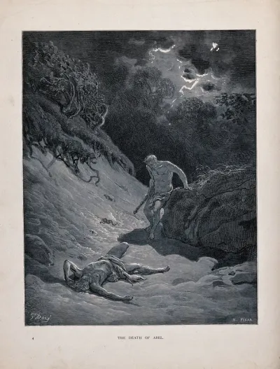 Cain kills Abel under a stormy sky