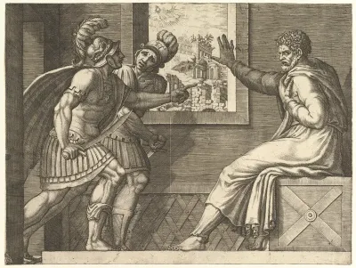 Caius Marius in Prison, two Cimbrian soldiers entering his cell