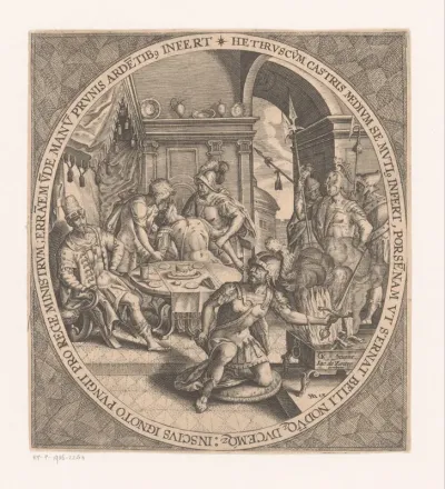 Caius Mucius Scaevola steekt zijn hand in het vuur