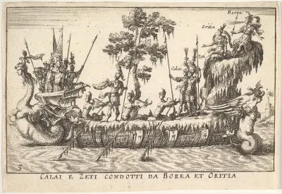 Calais and Zetes led by Boreas and Oreithyia (Calai e Zeti condotti da Borea et Oritia), from "The magnificent pageant on the river Arno in Florence for the marriage of the Grand Duke" (Le Magnifique carousel fait sur le fleuve de l'Arne a Florence, 