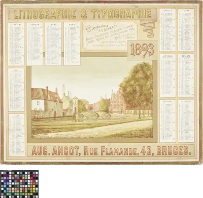 Calendar for 1893 with view of the bridge over the 'Bakkersrei' to the beguinage in Bruges, also called 'Begijnhofbrug' or 'Wijngaardbrug'