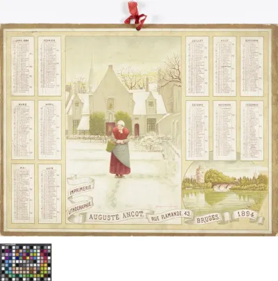 Calendar for 1894 with view of the snow-covererd courtyard of the almshouse 'De La Fontaine' in Bruges