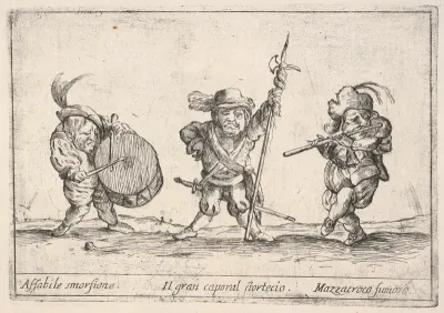 Callot figures; a dwarf man playing the drum at left, a beefeater in center, a flute player to right, from "Six grotesques" (Six pièces de figures grotesques)