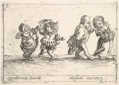 Callot figures; an old dwarf woman dancing with a young dwarf man to left, an old dwarf man touching the shoulder of a young, smiling dwarf woman, from "Six grotesques" (Six pièces de figures grotesques)