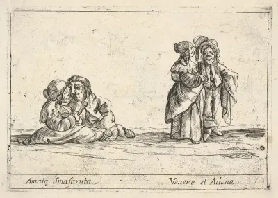 Callot figures; two seated dwarf lovers to left, the woman holding a fan, an old dwarf woman, in profile towards the right, standing with a dwarf man with long hair to right, from "Six grotesques" (Six pièces de figures grotesques)