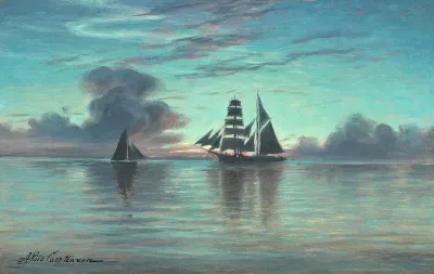 Calm sea with ships in the sunset.