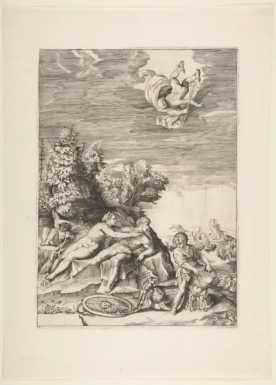 Calypso trying to detain Ulysses as a child prepares his armour at right and Mercury falls from the sky
