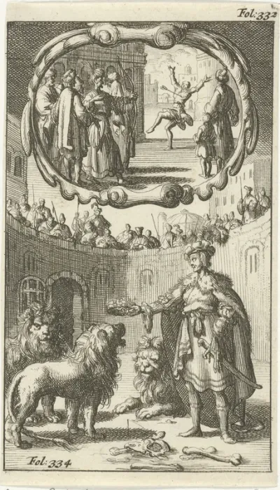 Cambyses doodt de zoon van Prexaspis / Hendrik de IJzeren, hertog van Holstein, tussen de leeuwen