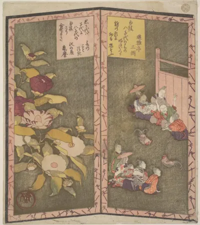 Camellia Flowers (left); People Watching a Cockfight (right)