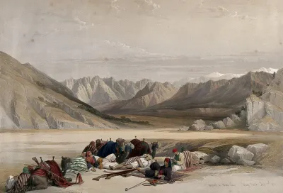 Camels and members of the artists' travelling party resting before the approach to Mount Sinai