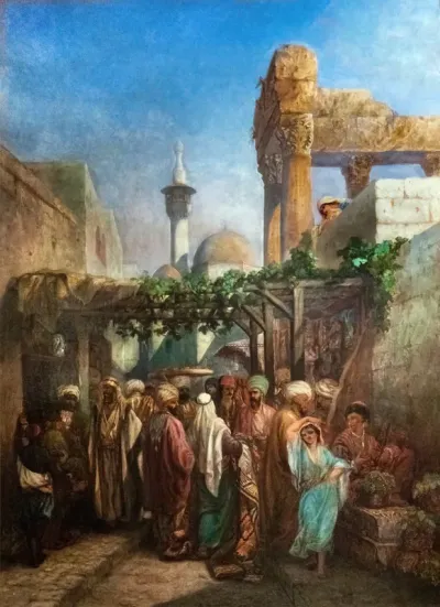 Camille Rogier - Promeneurs aux abords de la colonnade de Bacchus à Latakieh