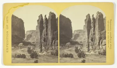 Camp Beauty, Canñon de Chelle; walls 1.200 feet high, width of Cañon at this point about one fourth of a mile. This view shows the perpendicular effect wrought by the action of floods. The Artist of the Expedition, Mr. Wyant, of New York, made a stud