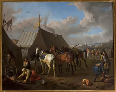 Camp scene with urinating horse
