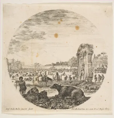 Campo Vaccino, a buffalo and two shepherds in center, the Fontanone to right in the middle ground, various animals and people in the background, plate 2 from "Roman landscapes and ruins" (Paysages et ruines de Rome)