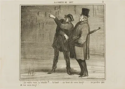 "- Can you see the comet?... just there, at the tip of my finger ... don't lose sight of my finger tip!," plate 5 from La Comète De 1857