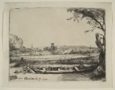 Canal with a Large Boat and a Bridge